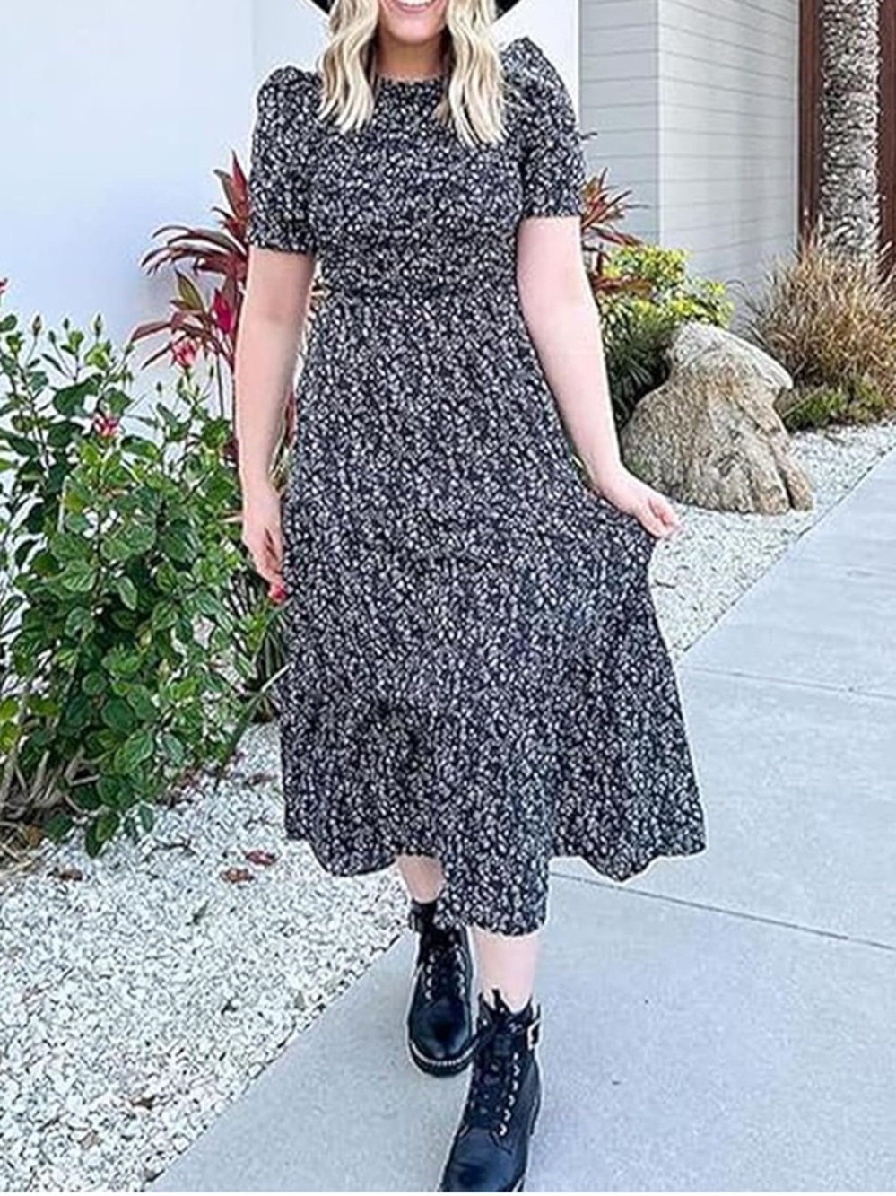 Smocked Floral Midi Dress in Black
